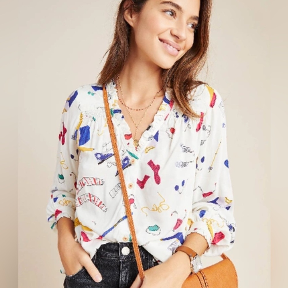 Maeve Anthropologie Marisol Ruffled Blouse Novelty Print Button Front Size 10